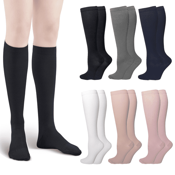 6 Pairs Compression Socks for Women & Men, 15-20mmHg Knee High Support Compression Stockings for Circulation, Athletic Running, Hiking, Nurse Work & Muscle Recovery