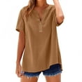 thumbnail image 2 of Holzkary Women's Cotton Linen Blouses Short Sleeve Henley Shirts Button Down V Neck Casual Work Tops Coffee 5Xl, 2 of 6