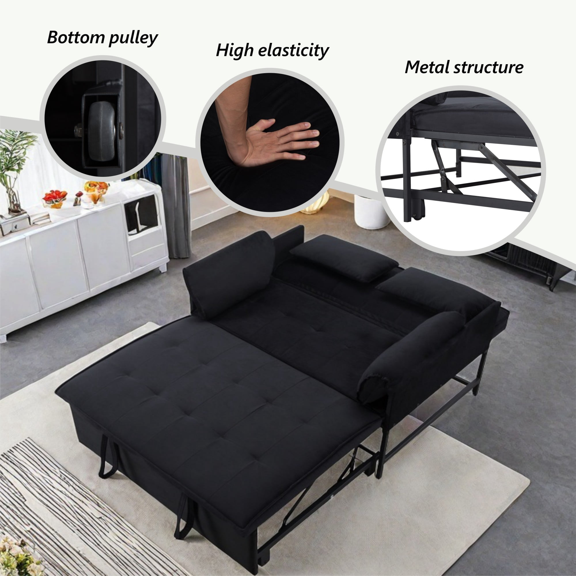 DEALTOPS 46" Velvet Pull-Out Sleeper Sofa Bed, 2-in-1 Convertible Loveseat with 5-Level Reclining Backrest, Black