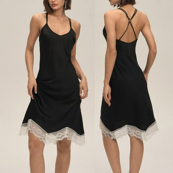 Blmnix Sexy Nightgown Women's Nightgowns & Sleepshirts Silk Nightgown Chemises Sleep Dress Sleeveless Black Crew Neck Knee Length Bamboo Nightgowns for Women,M