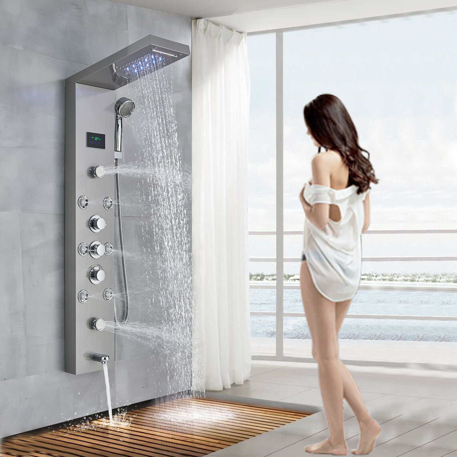 Brushed Nickel Shower Panel Tower LED Rain&Waterfall Massage Body System Jets 