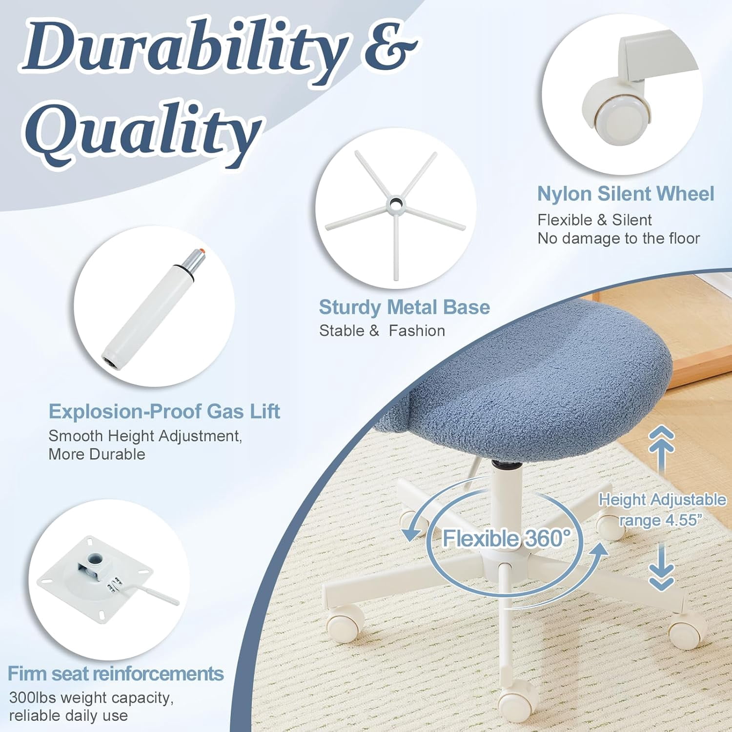 Matladin Modern Vanity Chair with Back, Silent Wheels, Velvet Desk Chair for Girls, Small Office Chair, Stylish and Comfortable