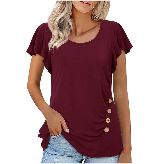 AherBiu Summer Tunic Tops for Women Cap Sleeve Button Crewneck Casual Loose Comfy T Shirts Solid Color