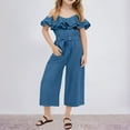 thumbnail image 2 of Spring Outfits For Girls Tween Girls Clothes Girls Jumpsuit Kids Fashion Spaghetti Strap Off the Shoulder Belted Wide Leg Romper One Piece Summer Outfits Blue 7-8 Years, 2 of 9