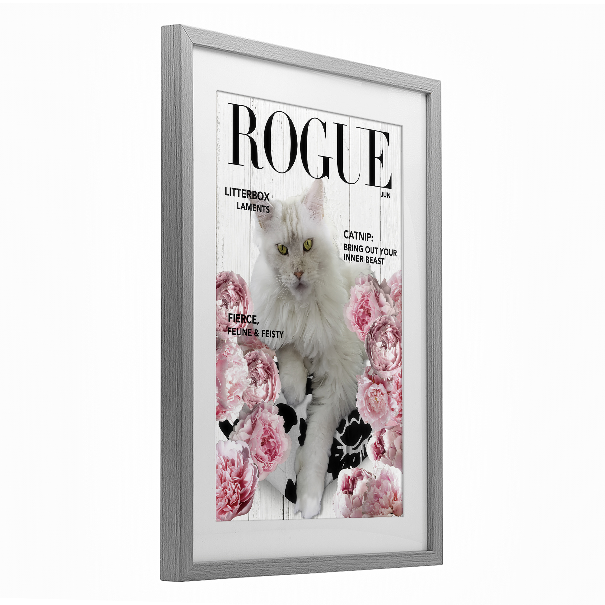 Funny Floral Cat Magazine Gray Framed Print Under Glass, design by Sasha