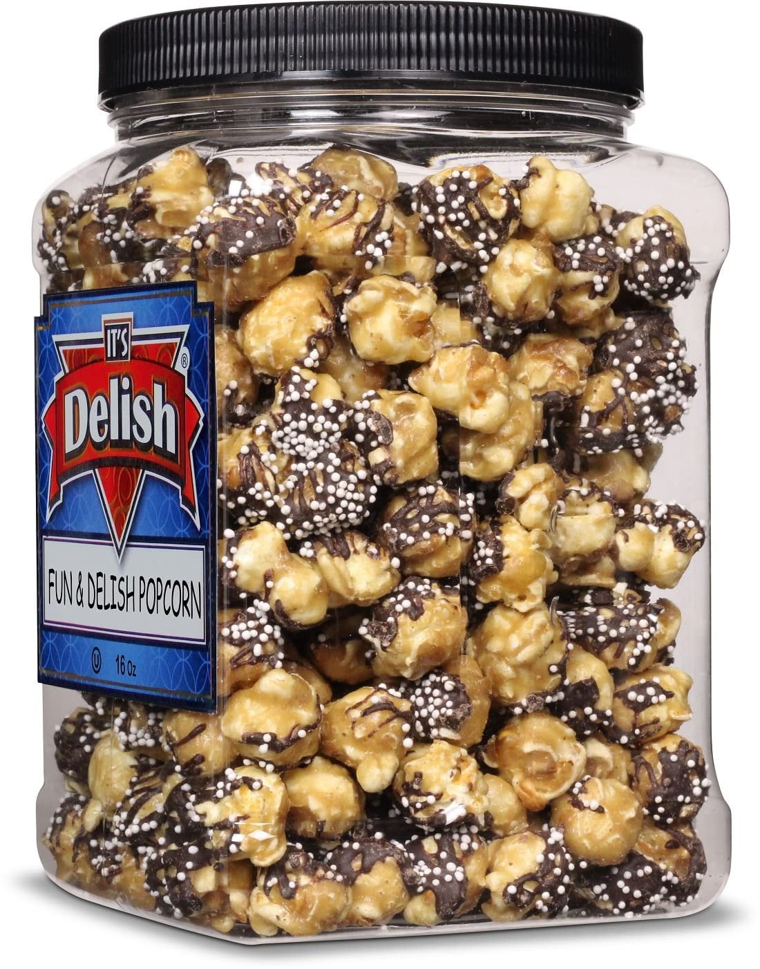 Fun & Delish Caramel Chocolate Popcorn by Its Delish, 16 Oz Jumbo Container - Festive Caramel and Chocolate Sweet Crunchy Popcorn Topped with Sprinkles of White Nonpareils - Air popped, Vegan, Kosher