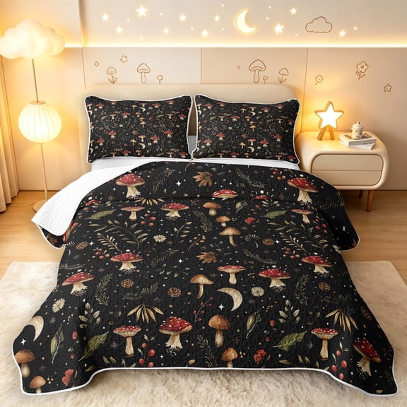 Homewish Watercolor Botanical Mushroom Twin Quilt Set,Fungus Plant Twin Coverlet Set,Black,Black Reversible,2-Piece