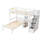 Euroco Wood Twin Bunk Loft Bed with Desk, Drawers and Shelf for Kids Teens, White