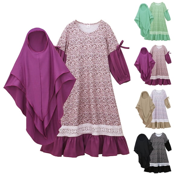 Cowsor Toddler Kids Ramadan Dress Set 0 to 10 Years Middle Eastern Floral Patchwork Long Sleeve Crew Neck Dress with Headscarf 2 Piece Festival Outfit