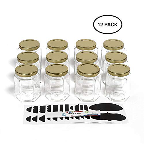 Hexagon Glass Jars 6oz, 12 Pack with 24 Chalk Sticker Labels and