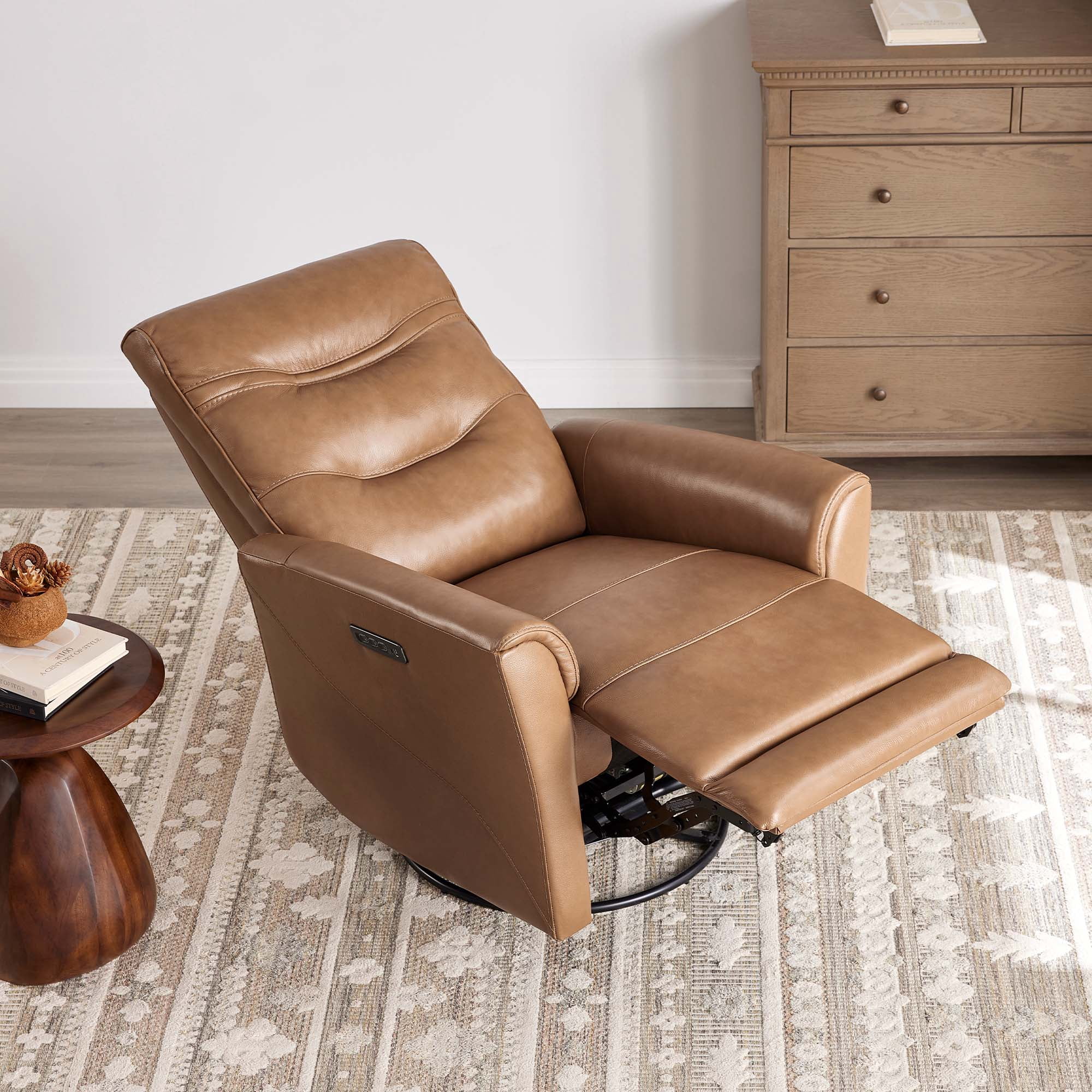 Spruce & Spring Genuine Leather Swivel Glider Recliner with Triple Motor Support, Saddle