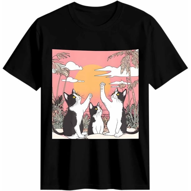 Women's T Shirts Short Sleeve Graphic Tees Cartoon Cute Cats Sunset Casual Crew Neck T-Shirt for Women/Teen Girls