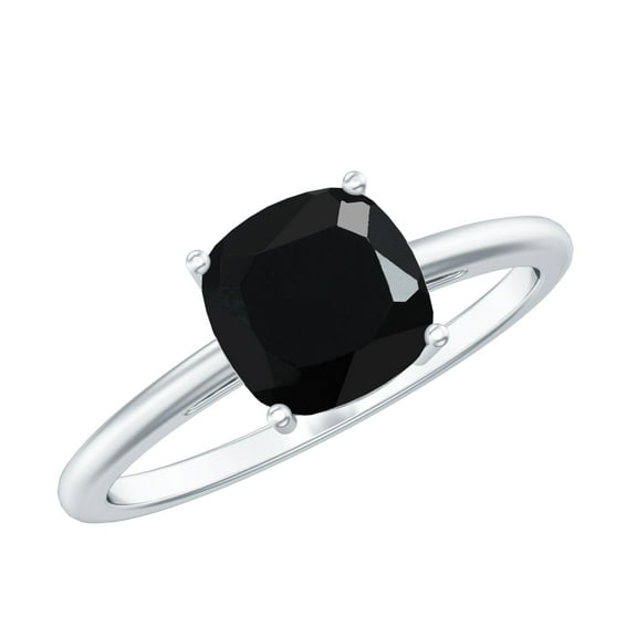 Rosec Jewels 1.5 CT Black Onyx Gold Solitaire Ring, December Birthstone Ring (7 MM Cushion Cut Black Onyx), 925 Sterling Silver, US 4.00