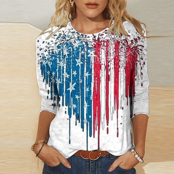 DailyTrove Women's Long Sleeve American Flag Ombre T-Shirt - Casual Loose Top, Chic for Cooler Days & Patriotic Events