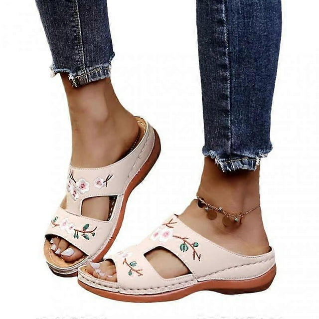 Leather Flower Embroidered Vintage Casual Soft Footbed Orthopedic Arch-support Sandals