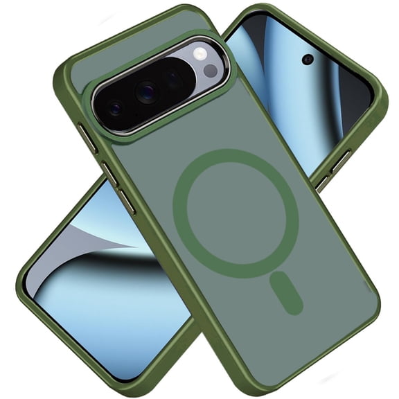 Phone Case for Google Pixel 11 Pro XL Clear Acrylic Magnetic Circle Shockproof Hybrid Metal Button TPU Drop Protection Rugged Slim Durable Armor Cover Green