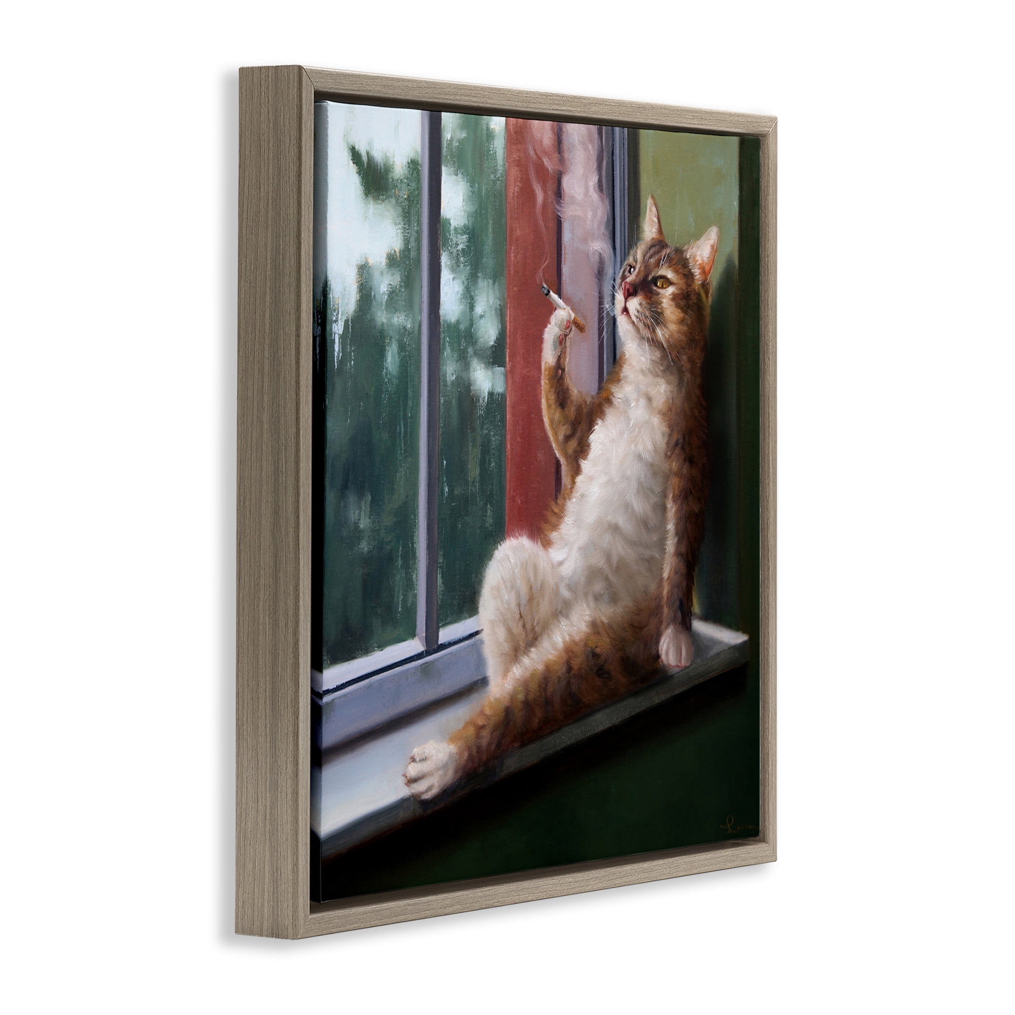 Stupell Industries Cat Smoking Lounging in Window Animals & Insects Painting Brown Floater Framed Canvas Art Print Wall Art, 25 x 25