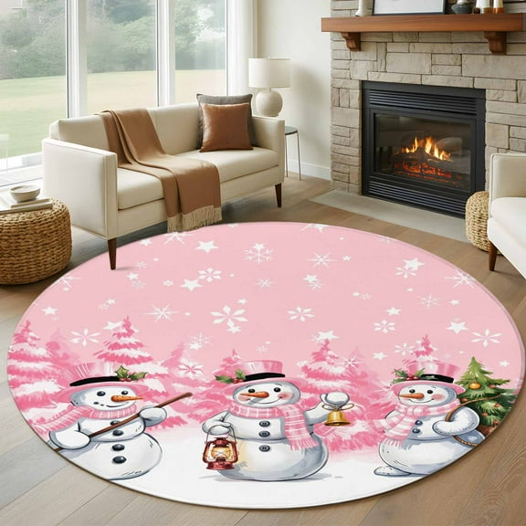Pink White Snowman Christmas Round Rug 5ft Washable Circle Kitchen Rugs Non Slip Xmas Tree Snowflake Winter Large Area Rug Indoor Floor Carpet for Bedroom Living Room Home Office Dining Room Nursery