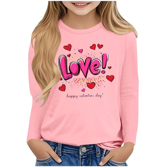 Girls Long Sleeve Crew Neck T-Shirt - Blue Valentine's Day Love Heart Graphic Tee for Girls 3-13Y, Soft Polyester Spandex Machine Washable,Size 13-14 T