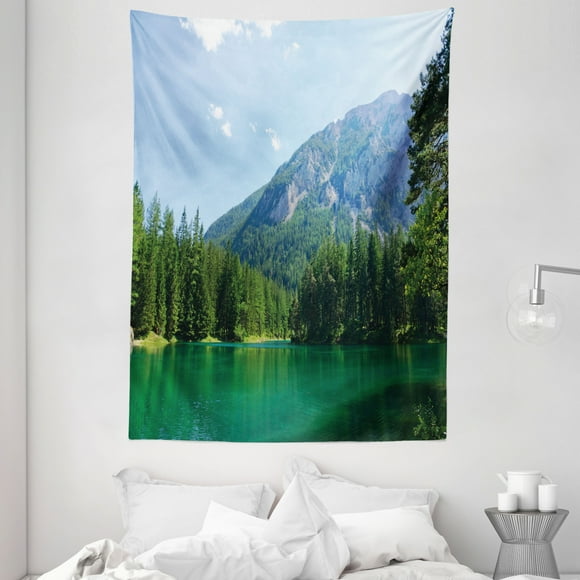 Nature Tapestry, Lake Surrounded by Forest at Mountain Valley Austrian Rural Scenery, Wall Hanging for Bedroom Living Room Dorm Decor, 60W X 80L Inches, Light Blue Hunter Green, by Ambesonne