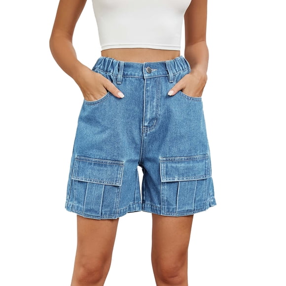 AherBiu Cargo Short Jeans for Women Elastic High Waisted Straight Leg Streetwear Denim Shorts with Multi Pockets
