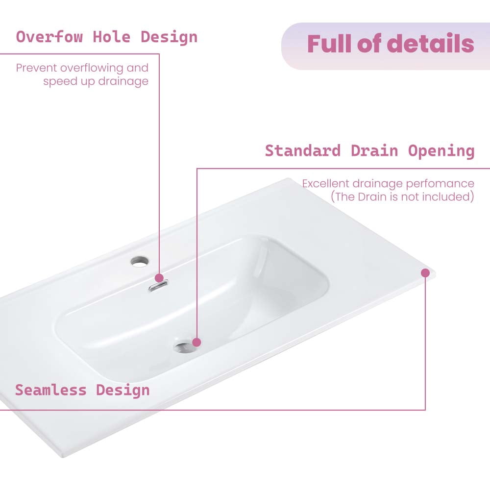 CITTANEO 36 inch Integrated White Ceramic Basin, Vessel Bathroom Vanity Sink with one predrilled faucet hole, drain assembly NOT included