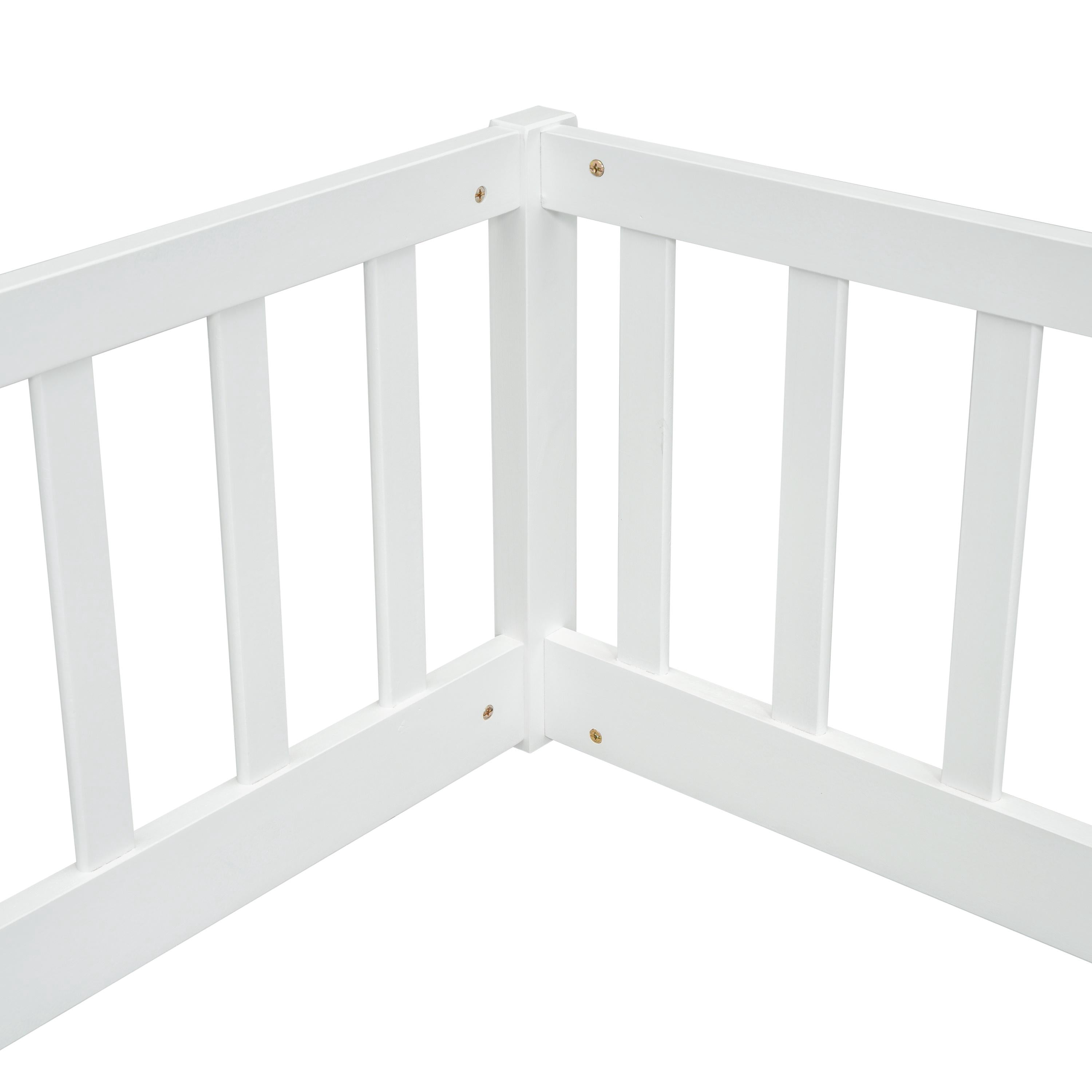 PORKISS Twin Size Floor Bed for Kids, Double Wood Montessori Bed Frame with Fence, White