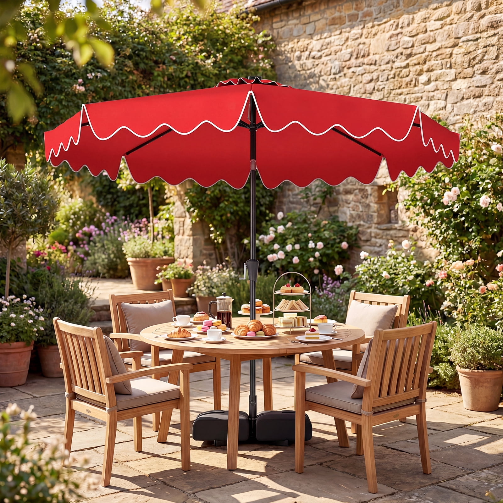 Costway 10 FT Outdoor Patio Umbrella with 32 Solar LED Lights & Weighted Base, Sandbags Red