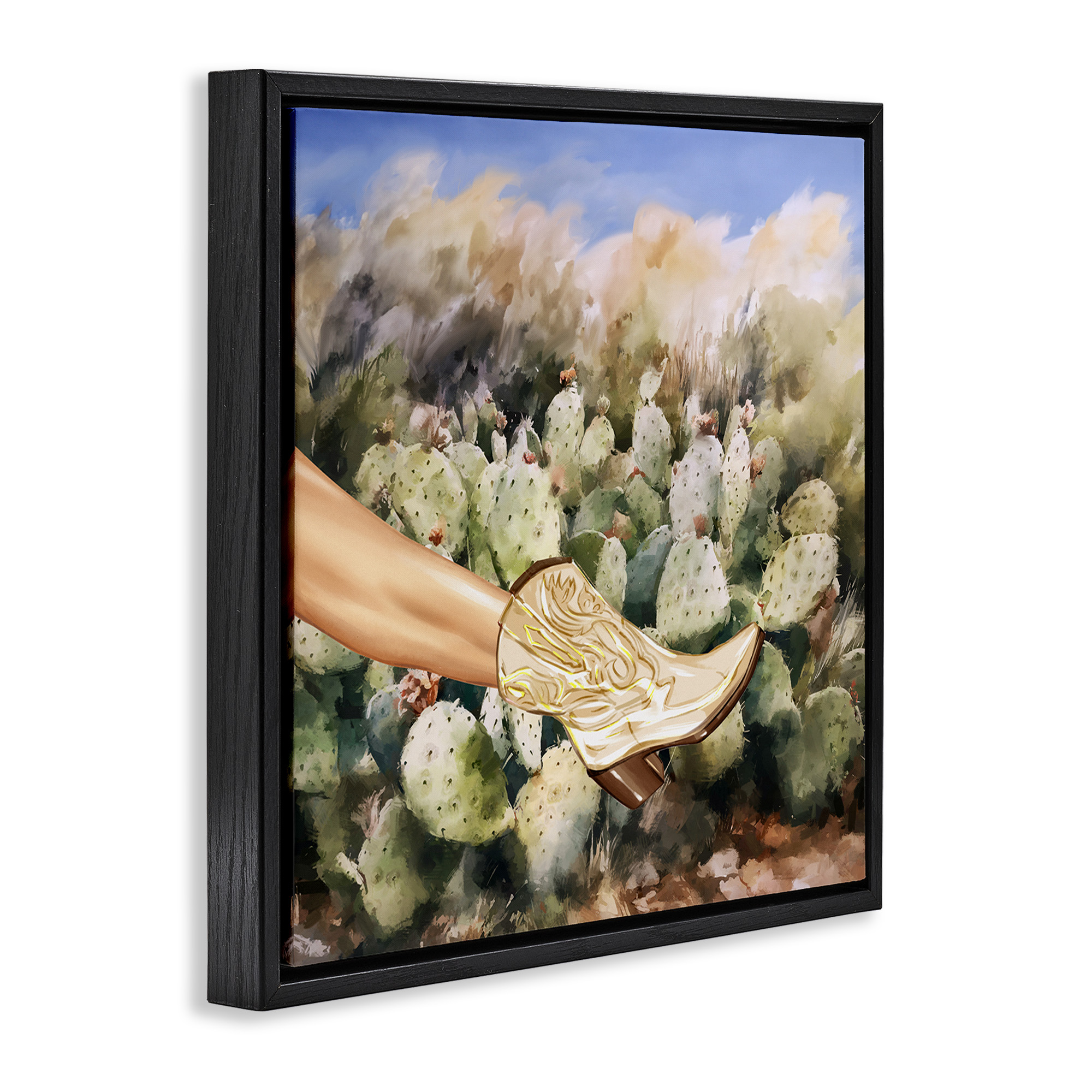 Stupell Industries Cowgirl Boot & Cactus Botanical & Floral Painting Black Floater Framed Canvas Art Print Wall Art, 25 x 25