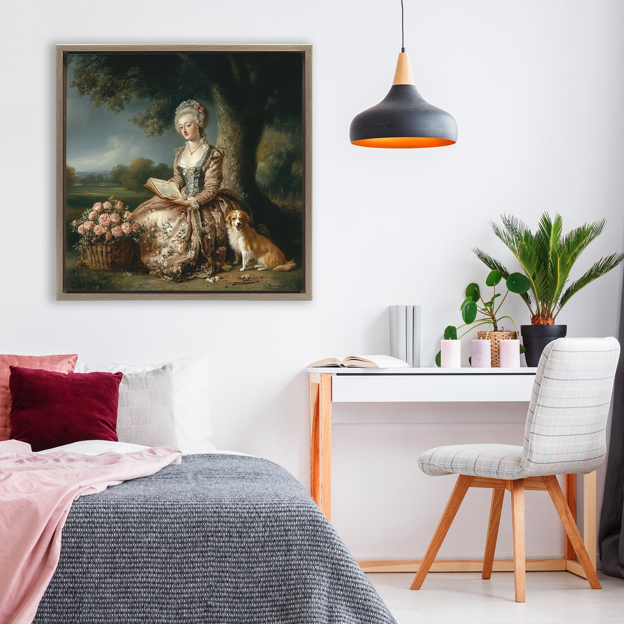 Stupell Industries Rococo Woman with Dog Brown Framed Floater Canvas Wall Art, design by The Wands Want