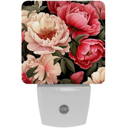 

2 Pack Auto Dusk-to-Dawn Sensor Night Lights Peony Flower Pink Floral Pattern Plug-in Home Office Decorative Lamp for Adult 0.5W LED Nightlights for Bedroom Bathroom Hallway Stairs