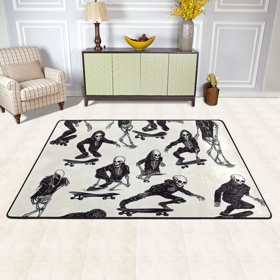 Skeletons with Skateboard Area Floor Mats Soft Large Nursery Rugs Non-Slip Foam Carpets Living Room Doormat for Bedroom Dinning Decor 36" x 24"
