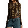 thumbnail image 3 of Women'S Floral Knitted Long Sleeve Crew Neck Going Out Slim Fit Tops Fall Outfits Trendy Clothes Dark Brown M, 3 of 9