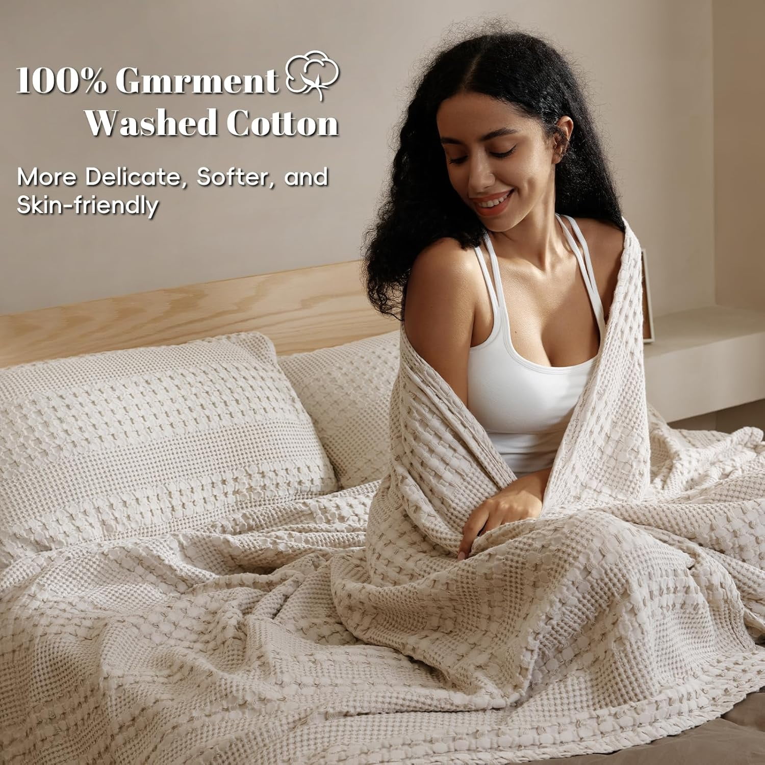PHF 100% Cotton Waffle Weave Blanket, Lightweight Twin Washed Blanket for Bed Sofa Home Decor, Oatmeal, 66"x90"