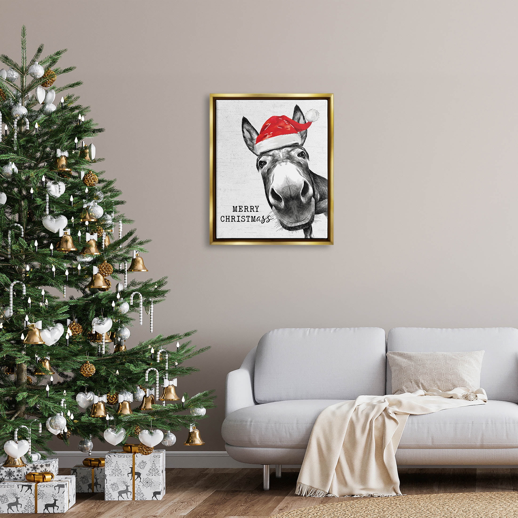 Stupell Industries Merry Christmass Funny Donkey Graphic Art Metallic Gold Floating Framed Canvas Print Wall Art, Design by Lettered and Lined