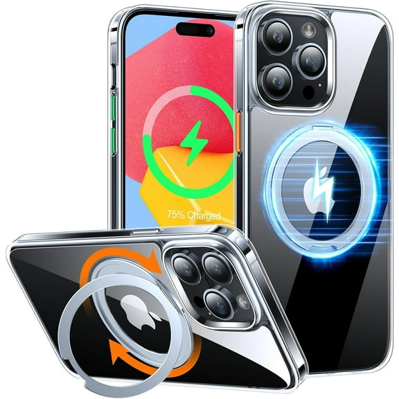 Phmnkl 360°Rotatable Magnetic Ring Designed for iPhone 15 Pro Max Case, Compatible with MagSafe with Stand & Ring Holder, Military Grade Shockproof Translucent Back Phone Case Ostand R