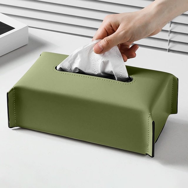 Caja de papel de seda de cuero negro | Soporte rectangular para tejido de PU | Salón elegante, mesa de centro, decoración del hogar | Cosido a mano, almacenamiento moderno | Gris, verde, marrón