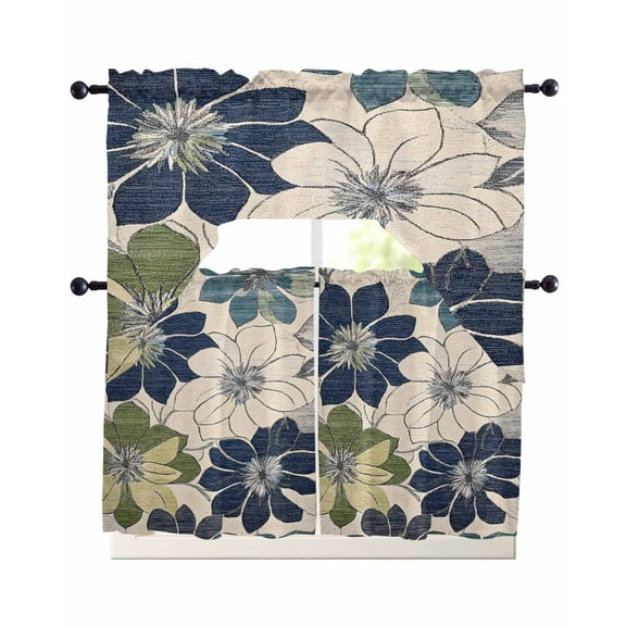 Vintage Botanical Flowers Kitchen Curtains Sets 24 Inch Length with Valance, Rustic Floral Beige Burlap Swag Valances and Tiers Curtain Set Drapes Swag Curtains for Living Room, Bathroom, Bedroom