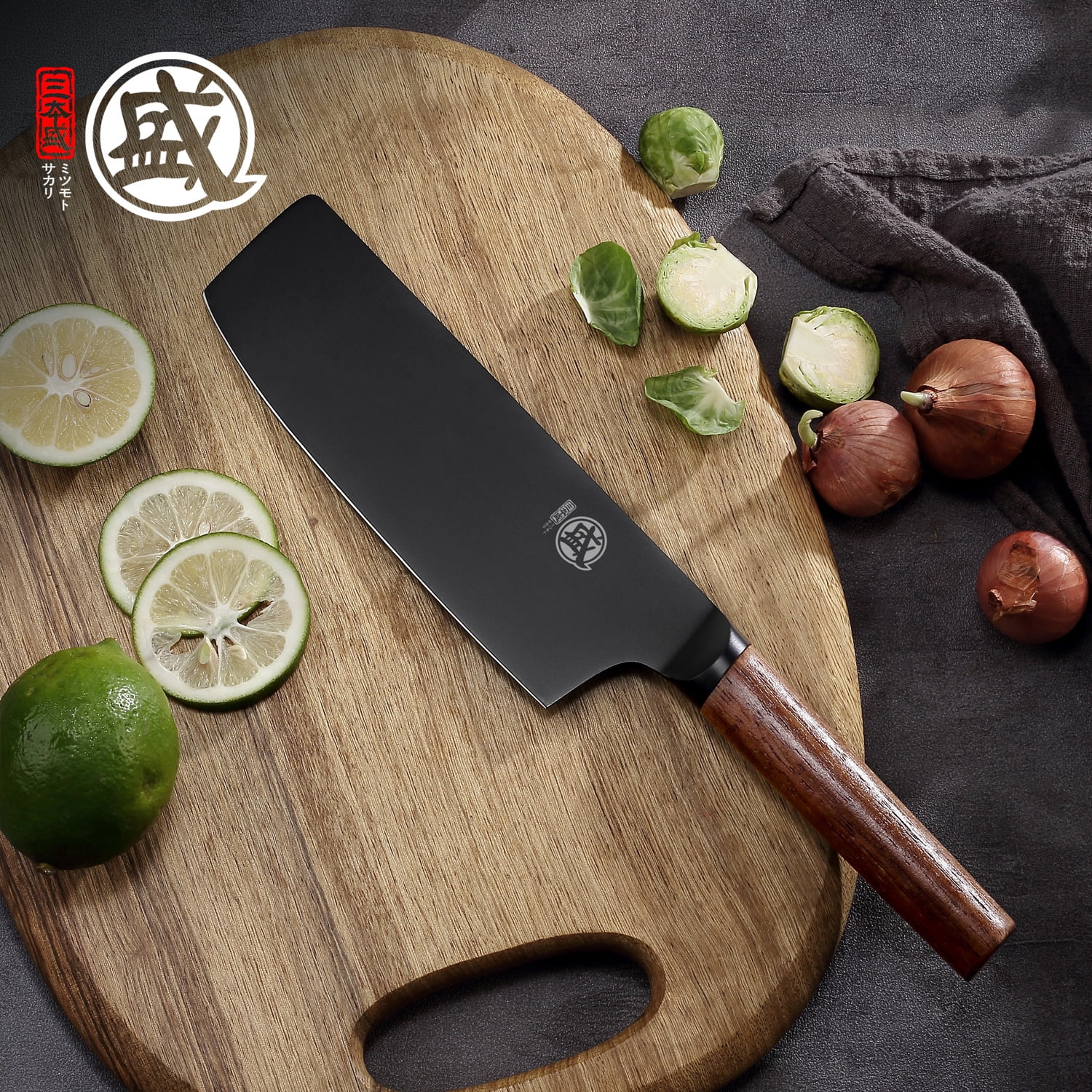 MITSUMOTO SAKARI 7 inch Japanese Nakiri Chef Knife, Professional Black Titanium Coated Vegetable Kitchen Knife