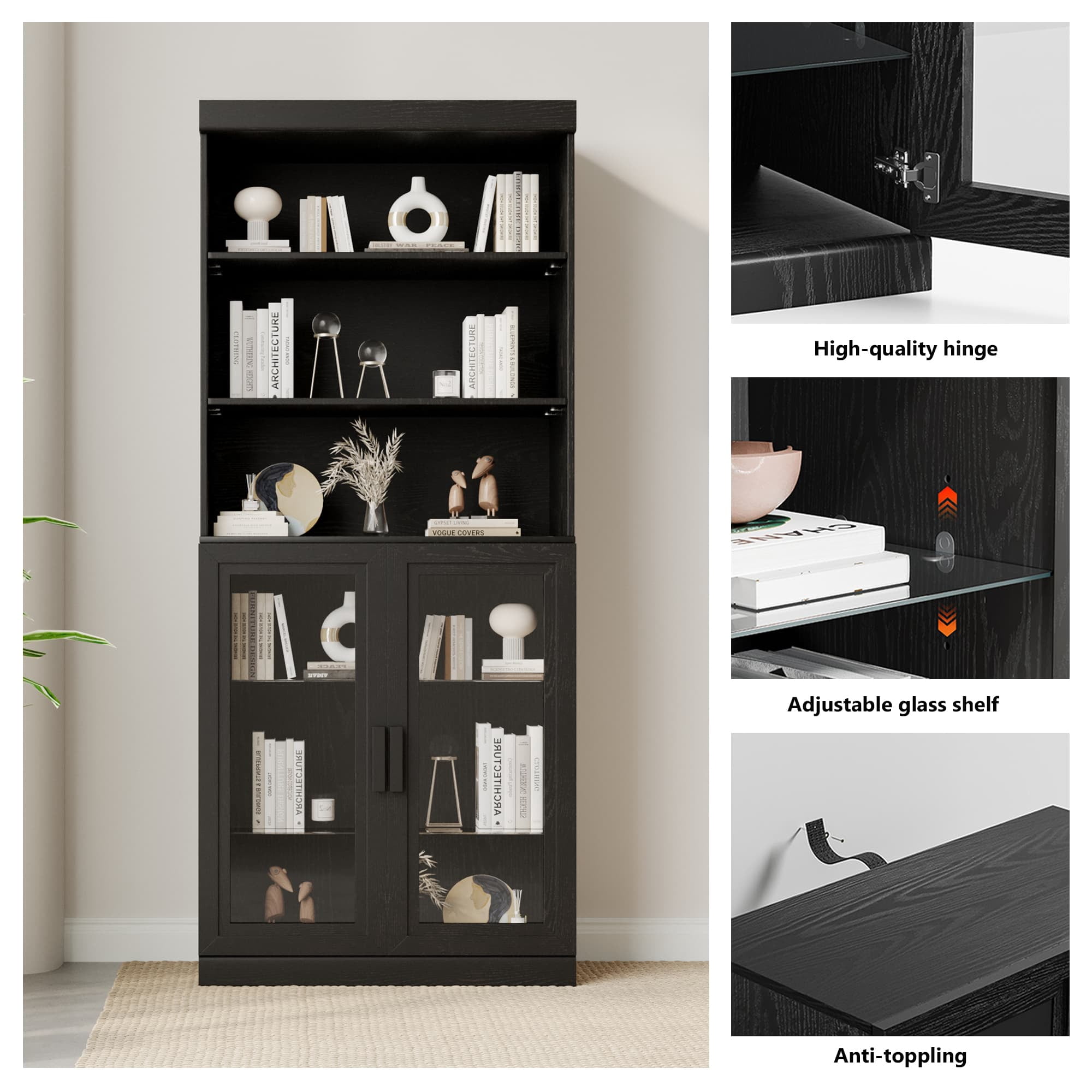 MAYEERTY Curio Display Cabinet with Glass Doors, DIY Combination Storage Cabinets with Adjustable Shelves for Living Room, Black