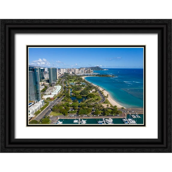 Peebles, Douglas 32x23 Black Ornate Wood Framed with Double Matting Museum Art Print Titled - Kewalo Basin-Ala Moana Beach Park-Honolulu-Oahu-Hawaii