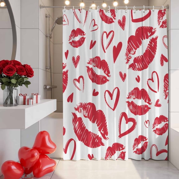 Valentine's Day Shower Curtain, 72" x 72", Watercolor Love Lips Romantic Beauty Lipstick Kisses Waterproof Bathroom Curtain Washable Shower Curtain Set with 12 Hooks