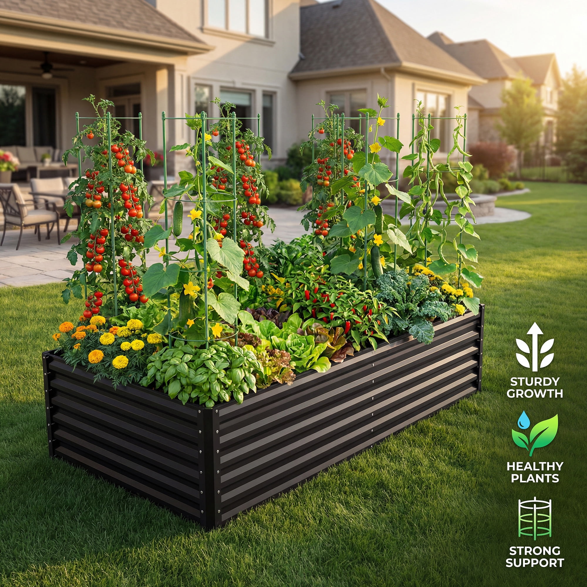Uforic 2-Pack 8x4x2ft Galvanized Raised Garden Bed with Tomato Cages, Trellis, Support Rods & Gloves, Outdoor Planter Box for Climbing Plants, Vegetables & Flowers, Black