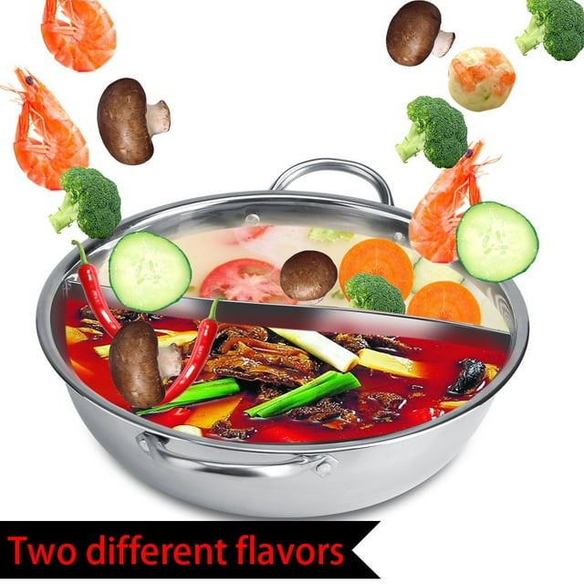 Hot Pot With Divider, Non-stick Thick Stainless Steel Shabu Shabu Pot designed with a dual-sided divider for two flavors. Made of durable stainless steel with hollow handles for safe handling and a polished, non-stick surface for easy cleaning. Compatible with induction cooktops, gas stoves, and ceramic hobs. Displayed with colorful ingredients such as shrimp, mushrooms, broccoli, and chili peppers, emphasizing its use for family meals or hot pot restaurants.