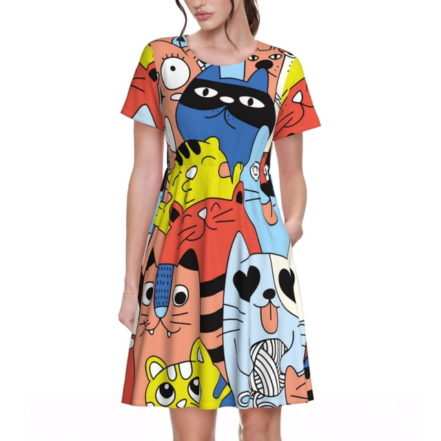 Bixox Robe d'Été à Manches Courtes pour Femmes Robe Ample Longueur Genou avec Poches-Chats Amusants