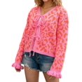 thumbnail image 3 of Women'S Fuzzy Leopard Print Sweater Long Sleeve Lace-Up Knit Crochet Long Sleeve Cardigan Rose Red S, 3 of 9