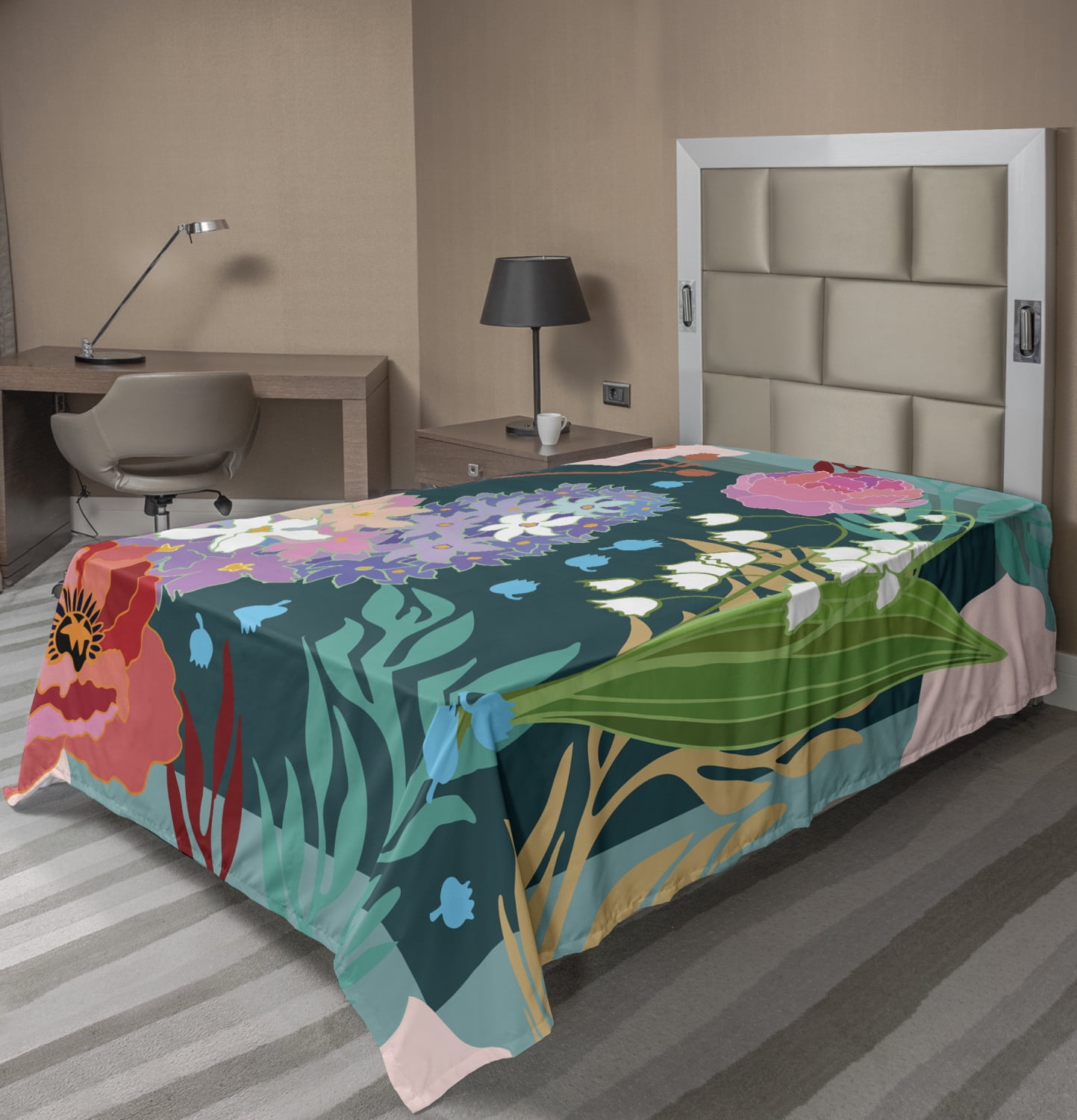 Floral Flat Sheet, 1950s Retro Style Flourishing Design of Vintage