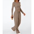thumbnail image 4 of Women'S 2 Piece Matching Lounge Set Long Sleeve Slightly Crop Top Wide Leg Pants Casual Sweatsuit Khaki S, 4 of 9