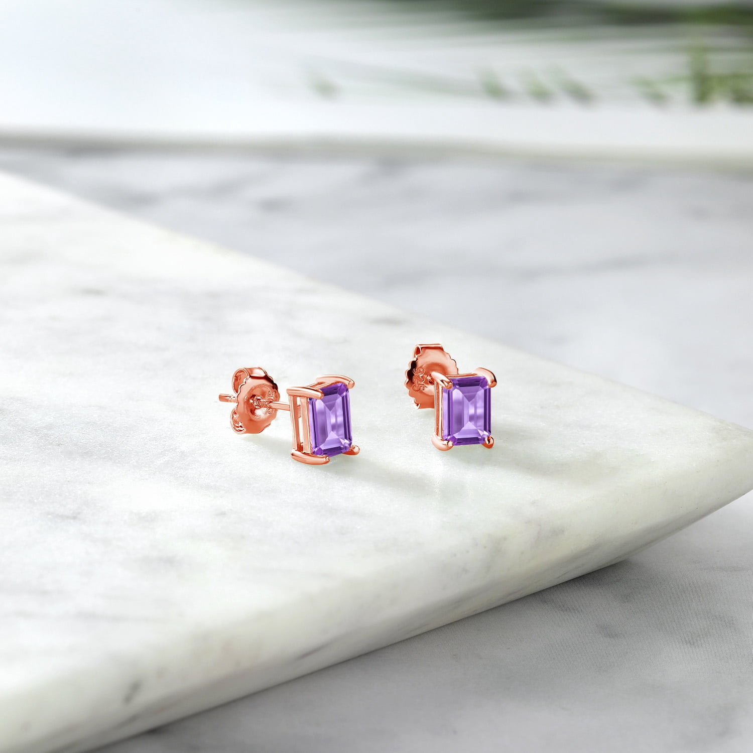 Gem Stone King 1.90 Ct Octagon 7x5mm Purple Amethyst 18K Rose Gold Plated Silver Stud Earrings for Women Men