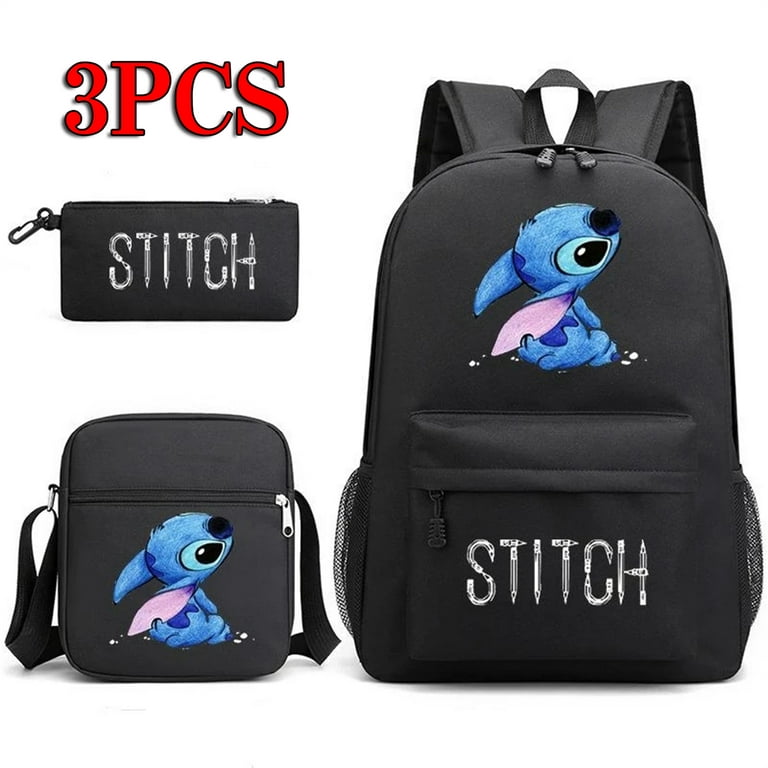 3 Pieces Set Anime Lilo & Stitch Backpack Shoulder Bag Stitch Pencil Case  Student Black School Bag Stitch Diagonal Bag (#8) 